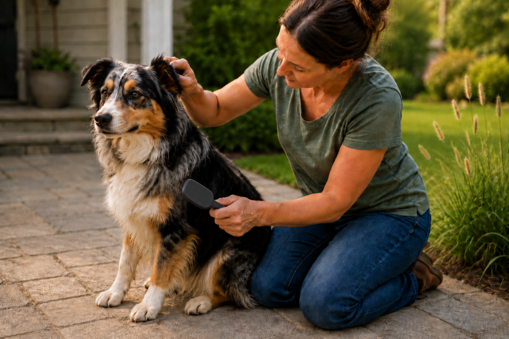 Brushing Dog while checking ears Brushing Dog while checking ears
